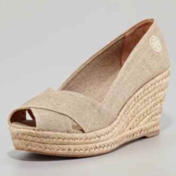 Tory Burch Women’s Filipa Metallic Linen Peep Toe Wedge Espadrille Preppy - Picture 1 of 11